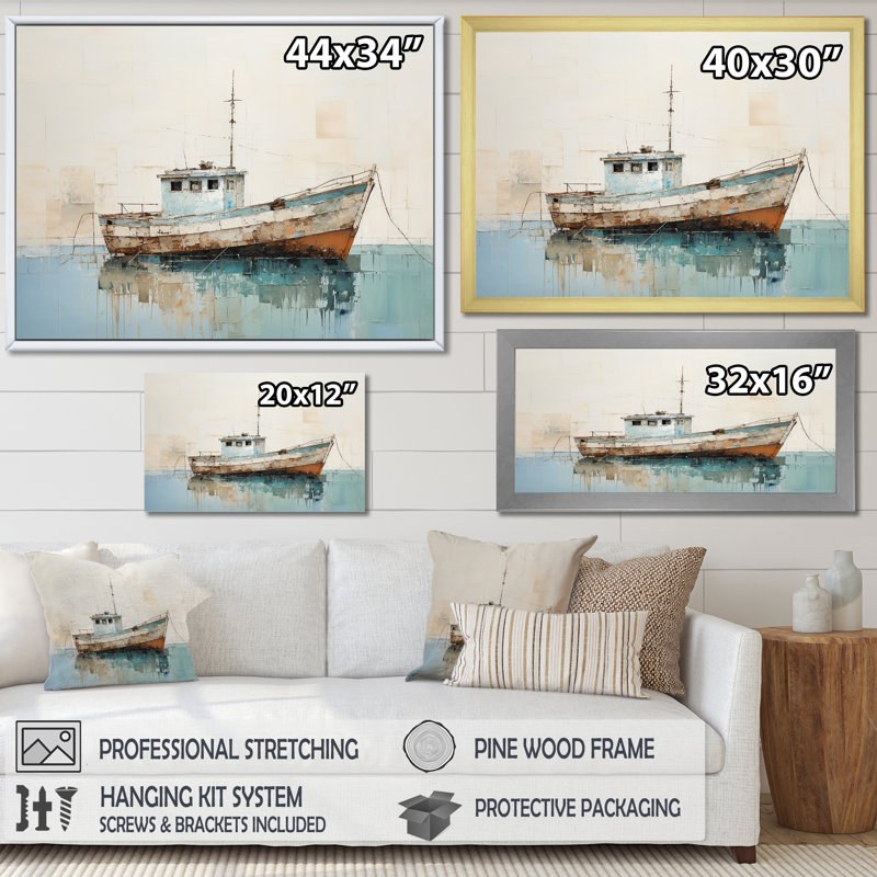 Minimalisme, bateau de pêche sur la plage I, impression sur toile, Cadre naturel flottant, H 24 po x l 32 po
