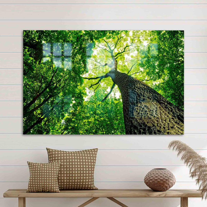 Grand art mural en verre fabriqué à la main avec un vieil arbre en vert pour une décoration intérieure inspirée de la nature