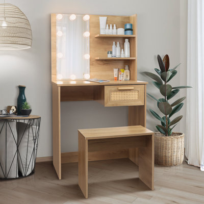 Ensemble de meuble-lavabo moderne en bois avec miroir DEL, tiroirs et compartiments Nature Color