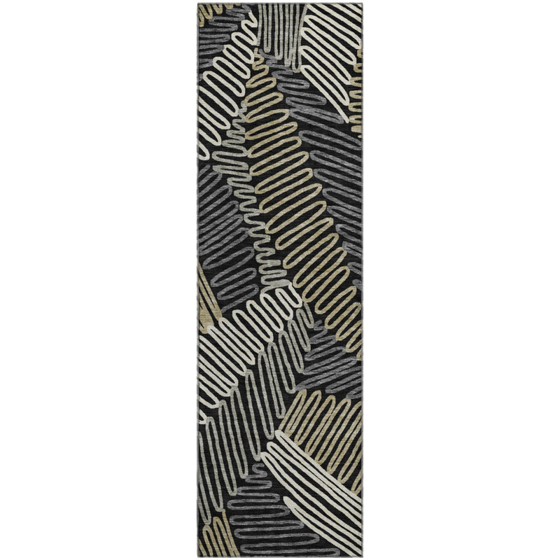 Premium Machine Washable Prisco Black Rug, Runner 2'3" x 7'6"