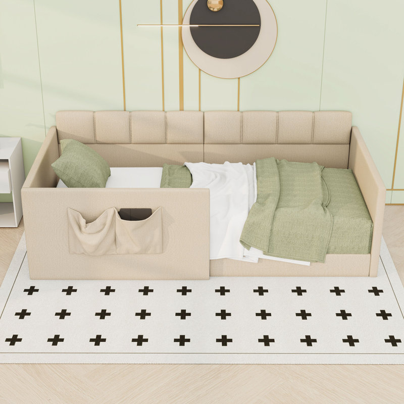Upholstered Daybed with High Guardrails and Storage Pockets, Beige, Twin
