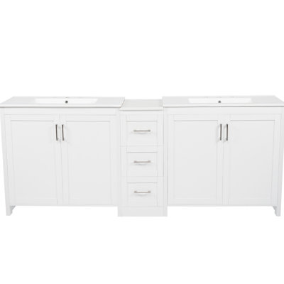84" Double - Sink Bathroom Vanity In White Featuring Quartz Top, 2 Ceramic Basins, Adjustable Shelving, 3 Drawers And Smooth Closing Hinges For Efficient Use Of Color With Surface, Storage Space,