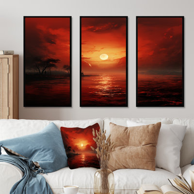 Ensemble de salon Red Crimson Horizon Harmony - Abstract Impressionism Wall Art