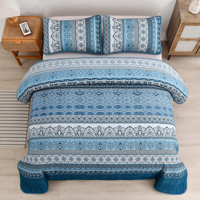 Ensemble de courtepointe 3 pièces, Courtepointe pour lit grand + deux taies décorati, Rayures bleues