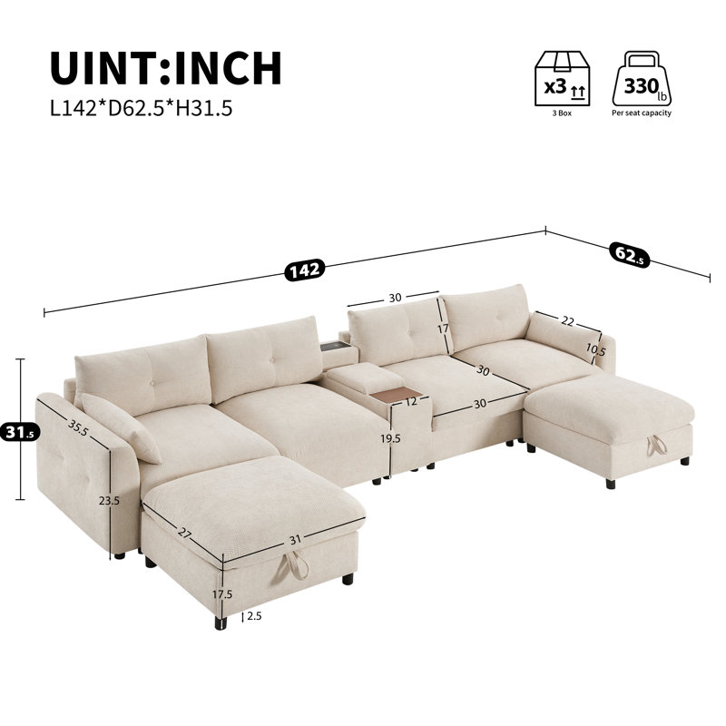 Canapé modulaire modulaire en chenille avec charge USB, porte-gobelets et console de rangement, Chenille beige
