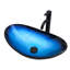 Vasque décorative pour salle de bain : lavabo bleu avec bonde rétractable, en verre trempé, en forme de bateau, à poser sur un comptoir, pièce de décoration unique au style moderne.