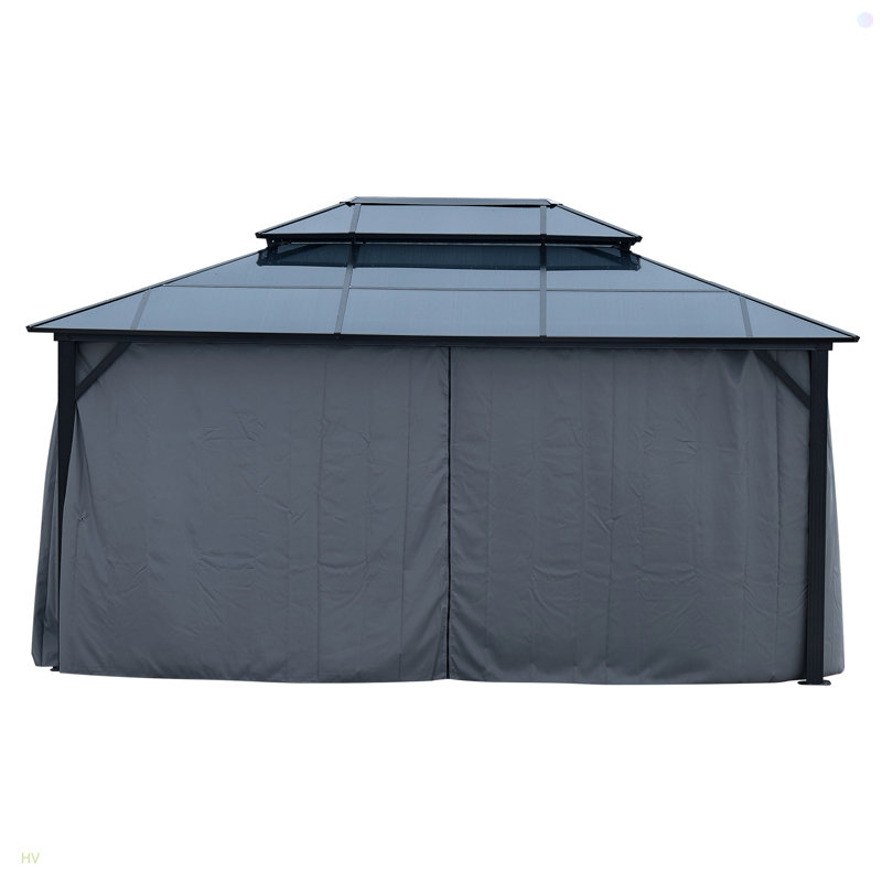 Pavillon de jardin en polycarbonate à double auvent avec cadre en aluminium, pavillon permanent avec filet et rideaux pour les pelouses de jardin
