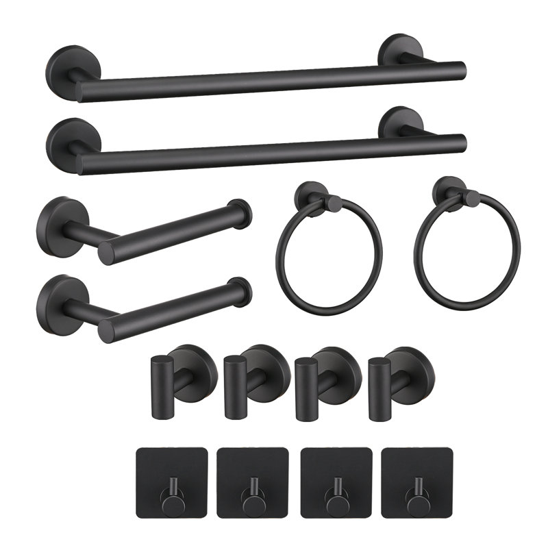 Modern 14-Piece Matte Black Bathroom Hardware Set, 304 Stainless Steel Towel Bars, Toilet Paper Holders & Hooks