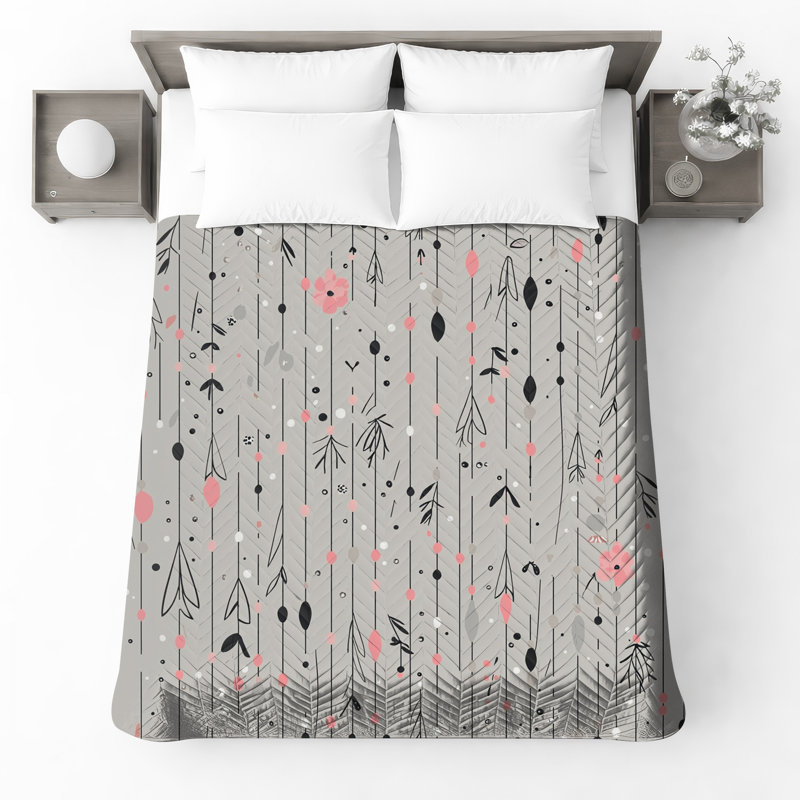 Couvre-lit matelassé à motif floral gris et rose, Très grand lit