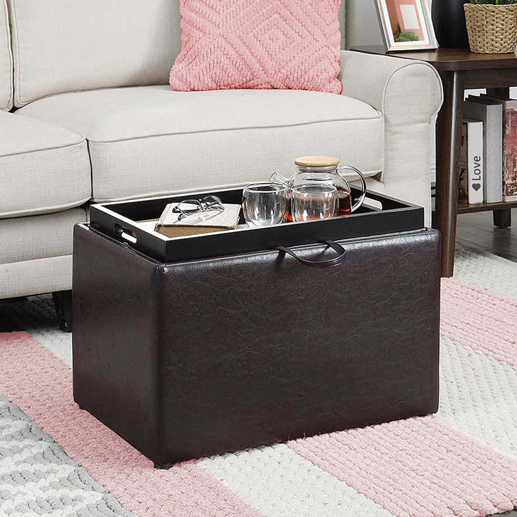 Saribel 22.75" Wide Faux Leather Rectangle Ottoman with Reversible Tray