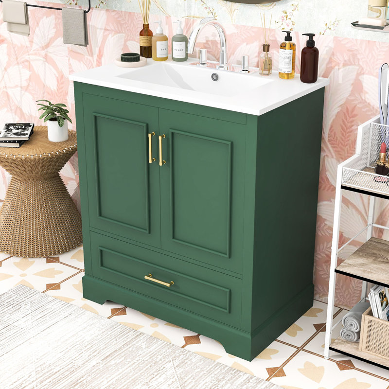 Meuble-lavabo de salle de bain avec lavabo, tiroir et 2 portes à fermeture en douceur, Vert