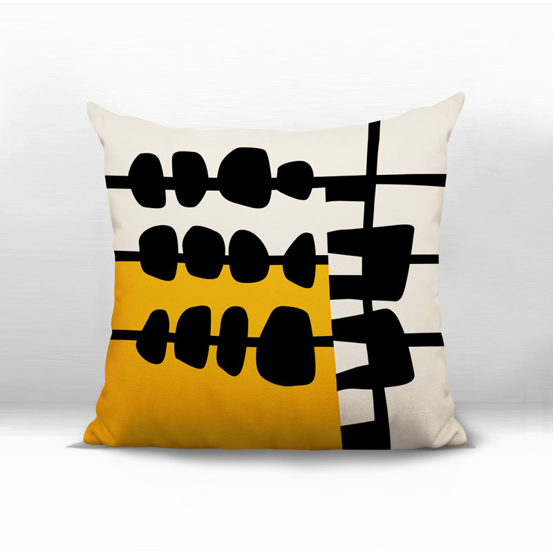 Oreiller carré réversible intérieur / extérieur Dola, H 15 po x l 15 po, Jaune / noir / blanc cassé abstrait