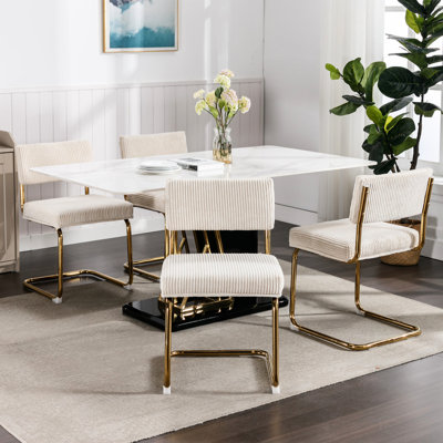 2Pcs Beige Dining Side Seating, Corduroy Fabric With Gold Metal Base, Channel Tufting, Modern Armless Kitchen Chairs Accent 2 ,