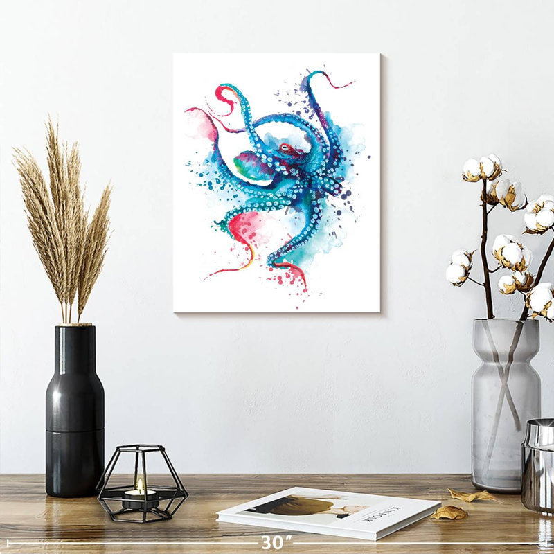 Blue Octopus Splash sur impression sur toile, H 15 po x l 12 po x P 1,25 po