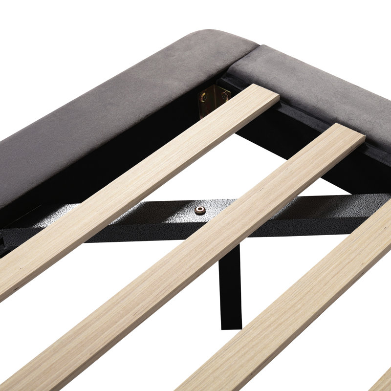 Lit plateforme tapissier gris avec capteur et 2 dossiers, Gris, Grand lit