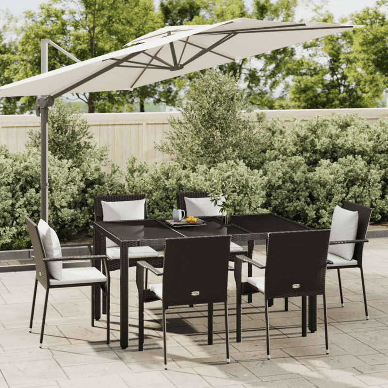 Dastan 6 - Person Wicker Patio Dining Set with Rectangular Table , Cushions Included, Black, 29.5" H x 35.4" W x 74.8" L