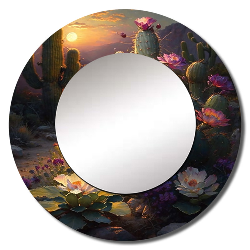 Qwentin Cactus In Desert I - Mountains Wall Mirror, Traditional Round Decorative Mirror, Printed Metal Art, 36" x 36"