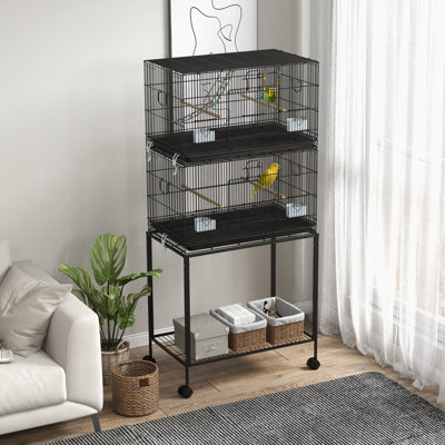 Double cage à oiseaux empilable avec support. Pour les pinsons et. Acier, balançoire en bois, corde, roues, plateau amovible. Espace. 30,7 po de longueur. Rangement pour perroquet noir - plateau, contenant pour aliments