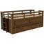 Lit simple brun moyen avec lit gigogne, structure en bois de pin, deux tiroirs fonctionnels, garde-corps et ensemble de lattes pour une chambre à coucher avec accès sécuritaire, support de rangement moderne