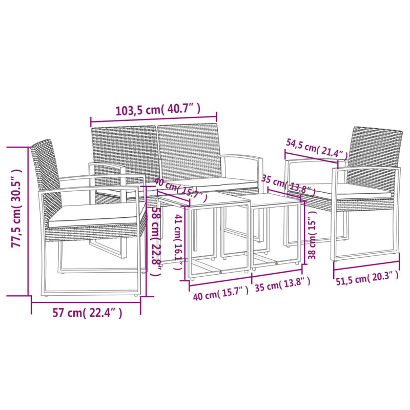Ensemble repas d'extérieur carré L 15,7 po pour 4 personnes, Noir