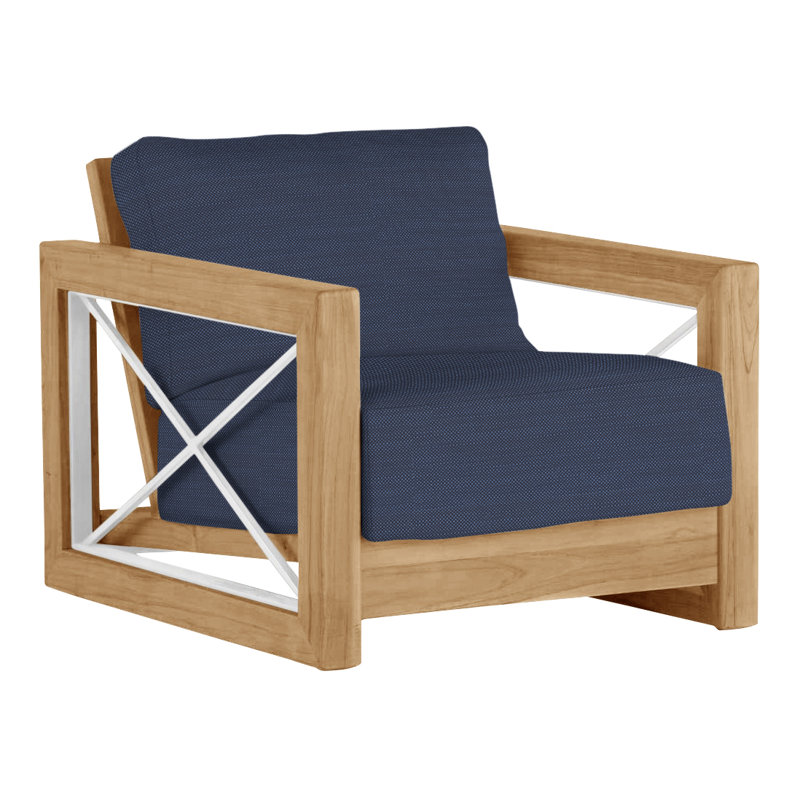 Malta Teak Outdoor Lounge Chair, No welt + Standard fill, Natural Teak, Perigold Ishi Blue Jean