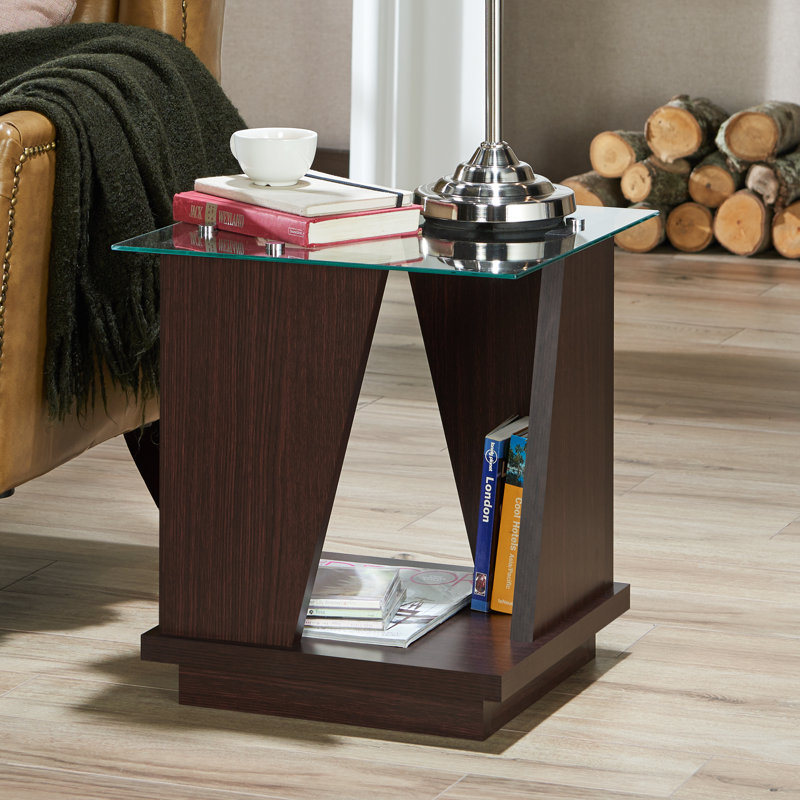 Table de bout avec tablette inférieure et plateau en verre Rubina, Noyer
