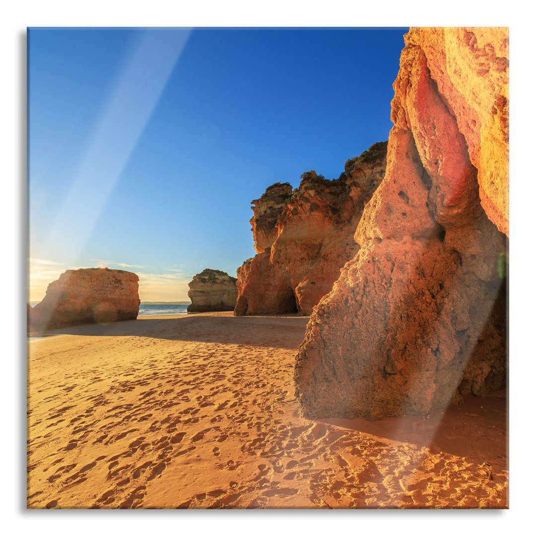 Glasbild Quadratisch  Wandbild Auf Echtglas  Sonnenuntergang An Felsen  Aufhängung Und Abstandshalter LQ1633