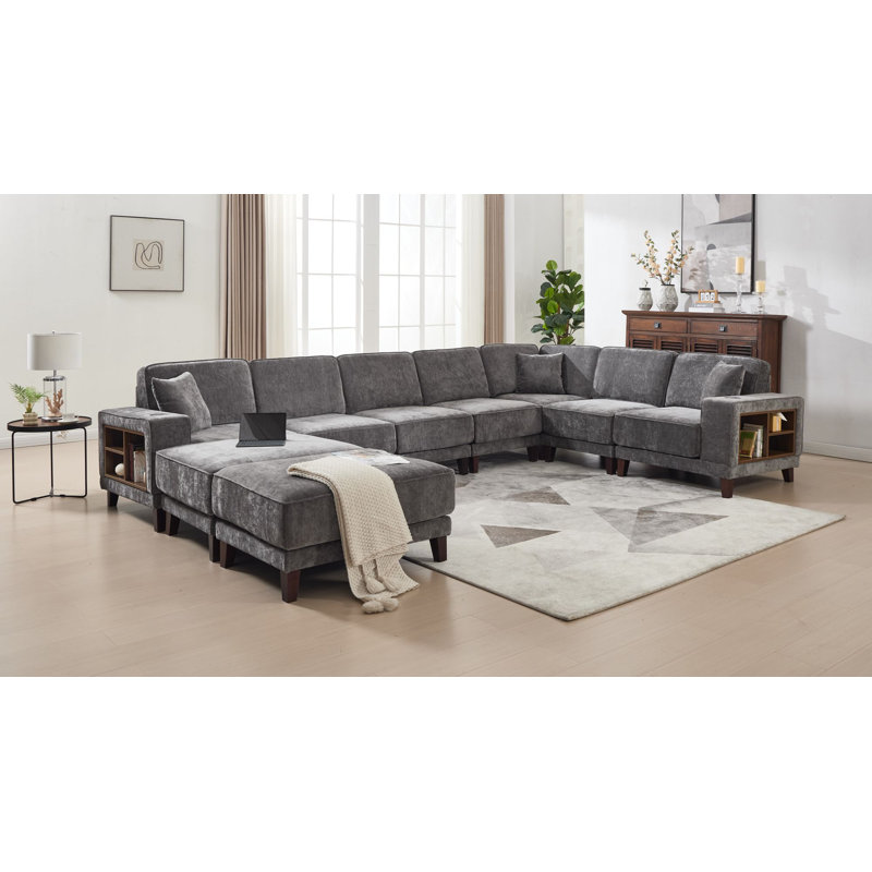 9pcs Compression Module Sectional With Bookshelf Ottoman, Dark Gray Polyester Blend