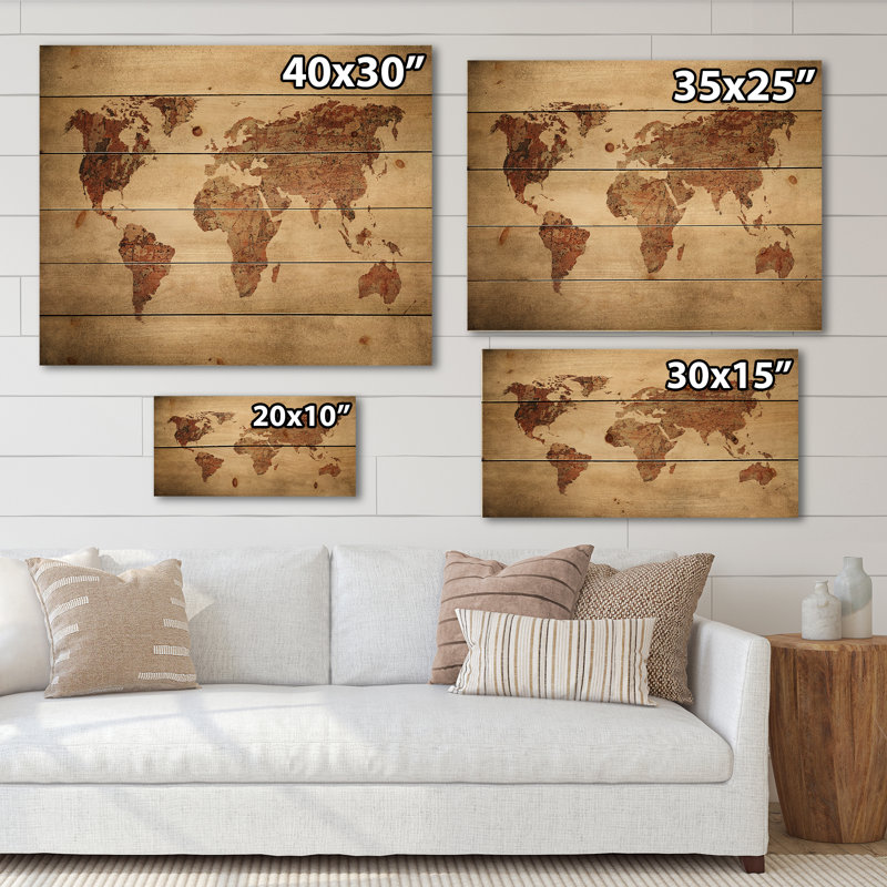 Ancienne carte du monde VII - reproduction rétro sur bois de pin naturel, H 30 po x l 40 po x P 0,78 po