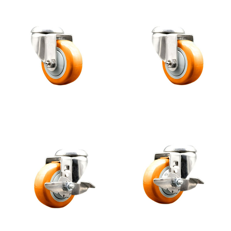Ensemble de roulettes pivotantes 3,5 pouces en polyuréthane avec boulons 3,5 pouces 2 freins SCC, Orange