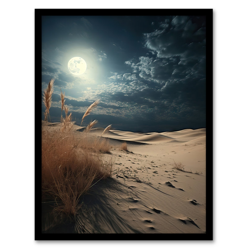 Windswept Seaside Sand Dunes Under Full Moon Moonlight - Single Picture Frame Print
