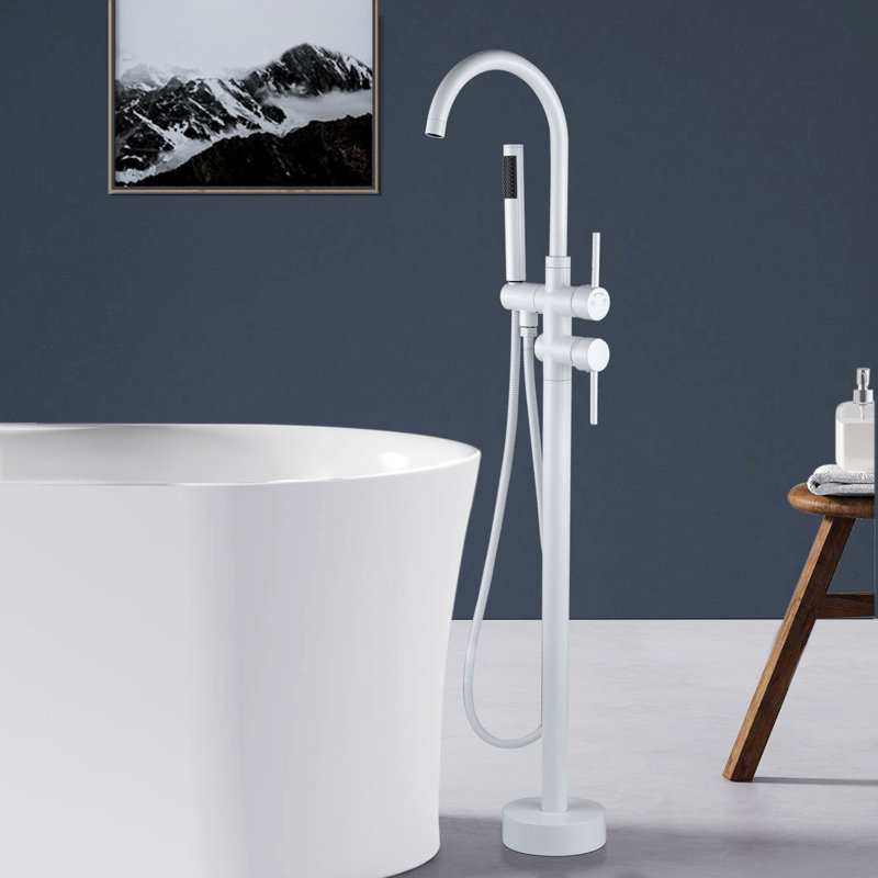 Double Handle Floor Mounted Tub Filler With Handshower, Snow White