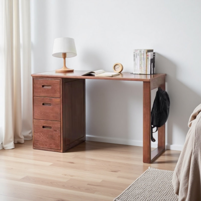 Solid wood red oak desk with drawers, 29.52" H x 39.37" W x 22.04" D