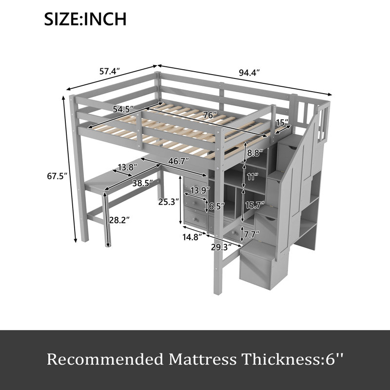 Full Size Loft Bed, Gray
