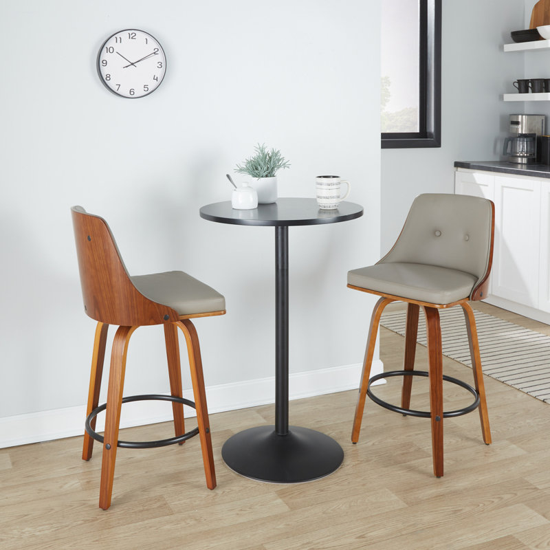 Archaimbaud Fixed Height Faux Leather Bar & Counter Stool with Round Footrest, Light Gray Faux Leather, Black