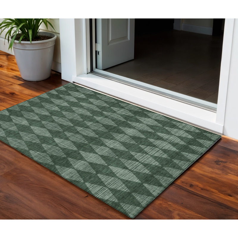 3' X 5' Olive Green And Charcoal Geometric Washable Indoor Outdoor Area Rug