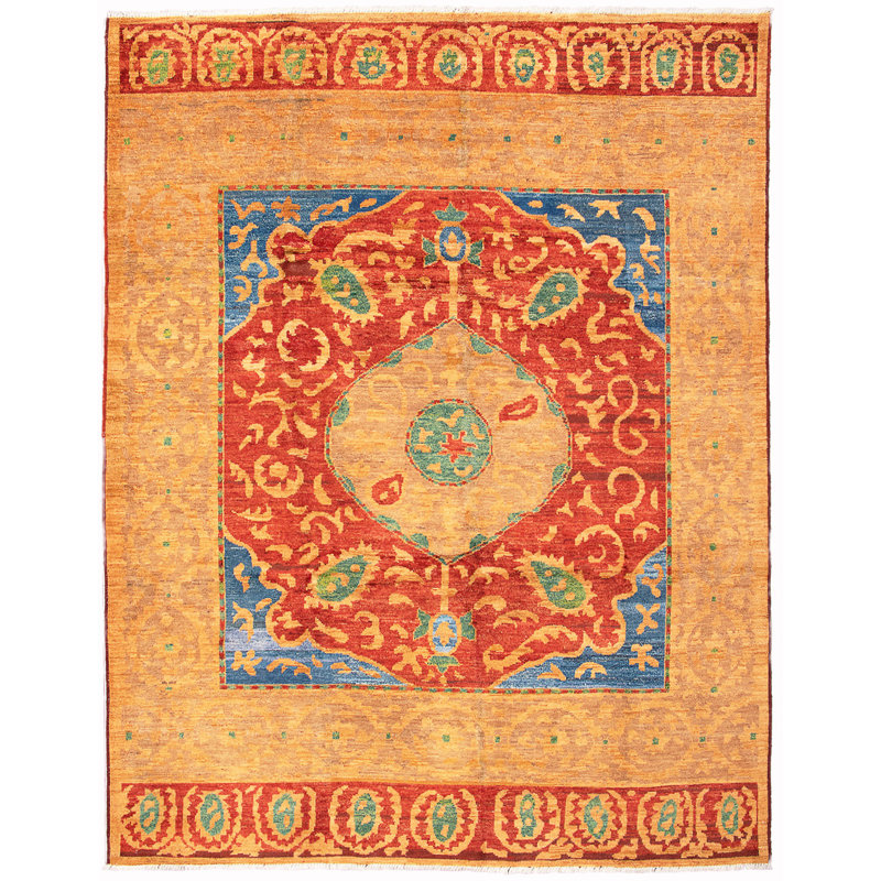 Tapis unique en laine noué à la main Shalimar des années 2010 de 9 pi 6 po x 12 pi 2 po brun clair / rouge Céline