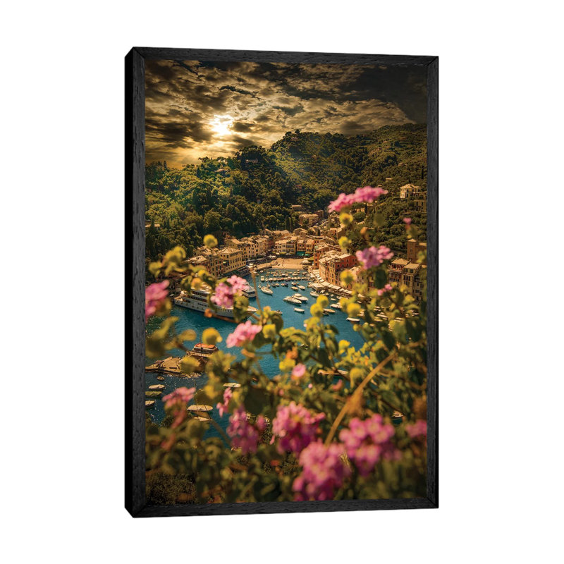 Portofino With Flowers by Enzo Romano - Print on Canvas, Black Framed, 66.04cm H x 45.72cm W x 3.81cm D