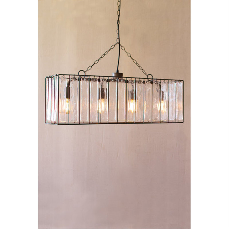  Luminaire suspendu rectangulaire avec carillons en verre H 12 po gris métal / verre
