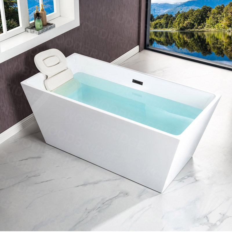 59" x 29.5" Freestanding Soaking Acrylic Rectangular Bathtub, White/Matte Black