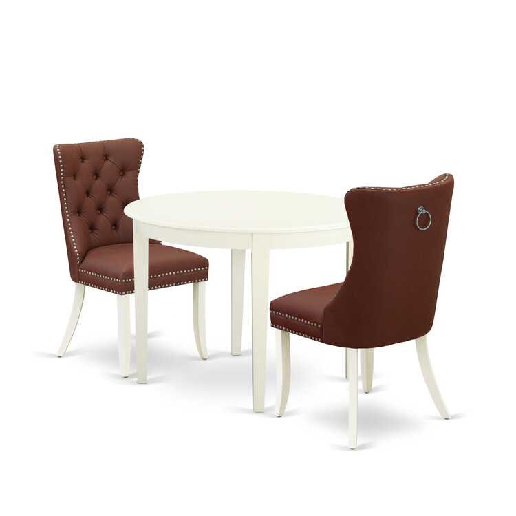 3-Piece Linen White Finish Round Solid Wood Top Dining Table Set, Brown