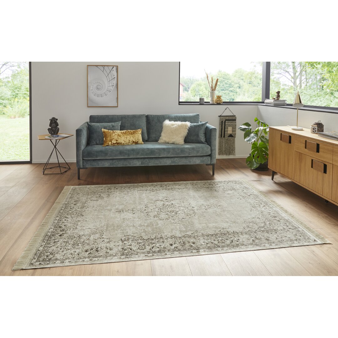 Medaillon Orient Teppich - Kurzflor Orientalisch mit Fransen für Wohnzimmer, Esszimmer - Creme