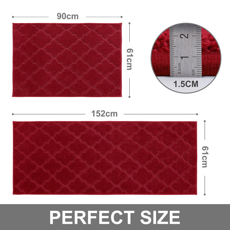 Muhd Kitchen Mat Set of 2, Red, Rectangle 2' x 3'+ 2' x 5'