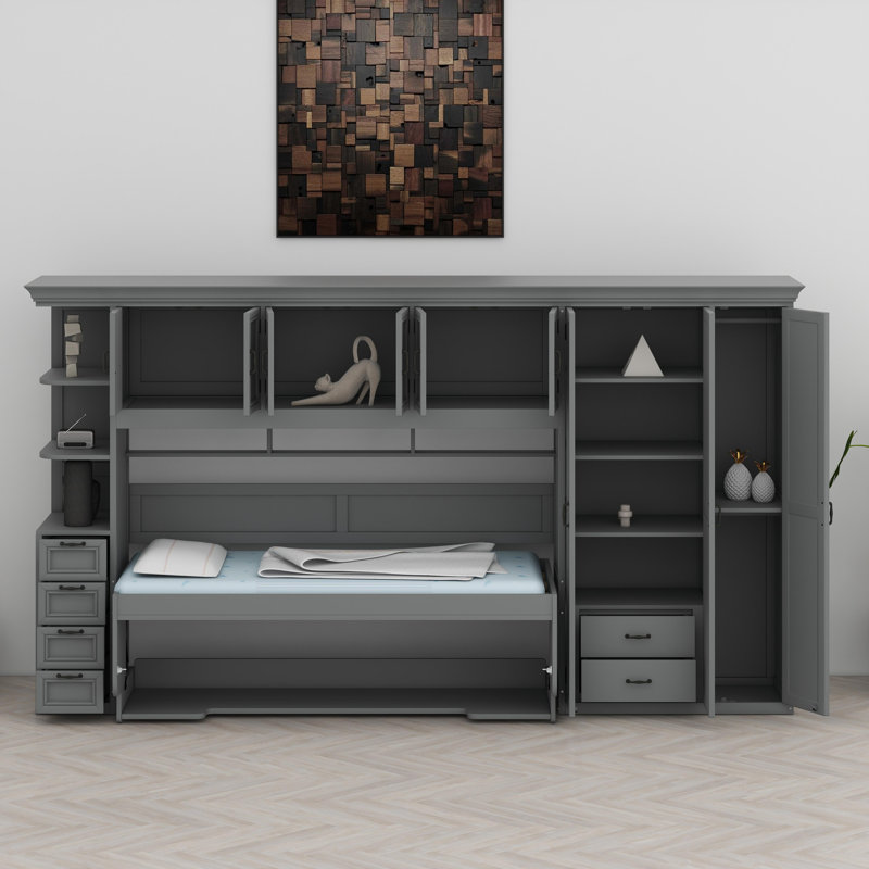 Lit escamotable mural avec garde-robe, armoire et bureau Murphy, Gris