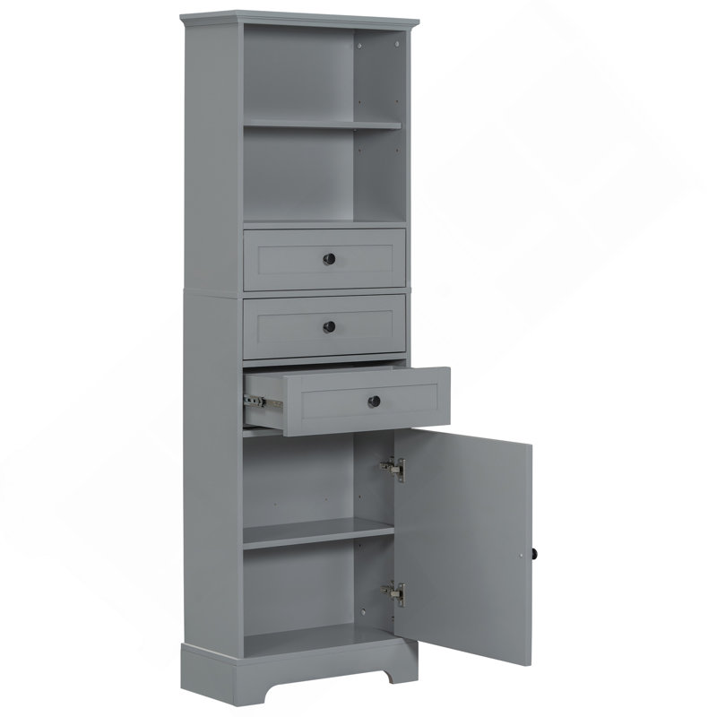 Grande armoire de rangement grise avec 3 tiroirs et tablettes réglables pour salle de bain, bureau, bureau et intérieur, panneau de fibres à densité moyenne avec finition peinte