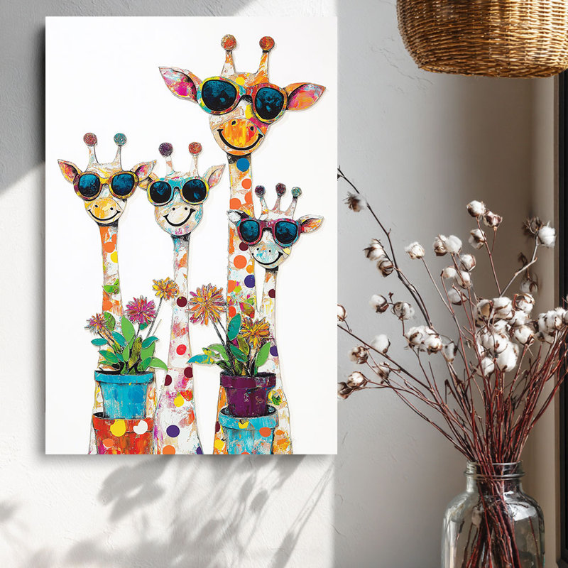 Reproduction sur toile de la famille de girafe de lunettes de soleil colorées ludiques - Urban Studio