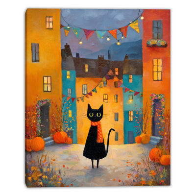 «Black Cat in Autumn Street», art mural sur toile tendue