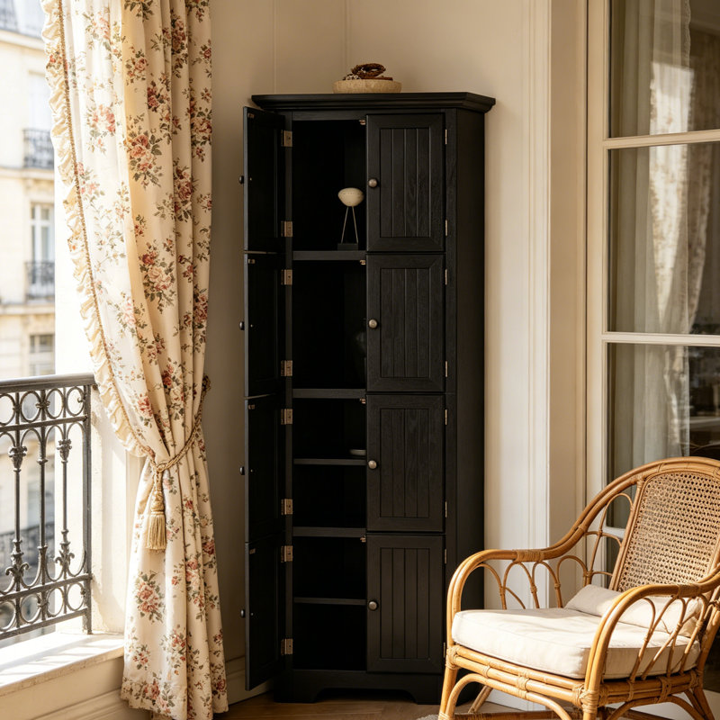 Armoire de rangement pour garde-manger de coin à 4 niveaux de 72 po avec 8 portes de hauteur, armoire de coin et tablettes, bibliothèque maison de campagne pour salle de bain, salon, cuisine