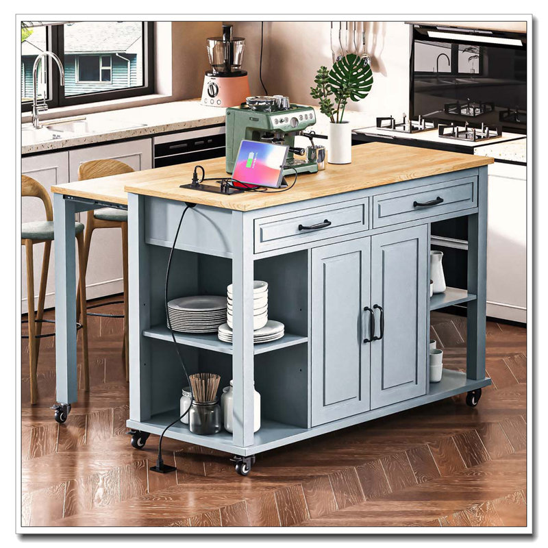 Îlot de cuisine 47 po avec table de salle à manger extensible et prise de courant