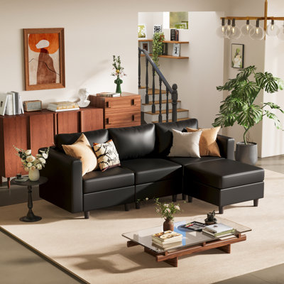 Caynemore 4-Piece 91.5'' Reversible Modern L-Shape Sectional Sofa With Storage Seat- Faux Leather Black